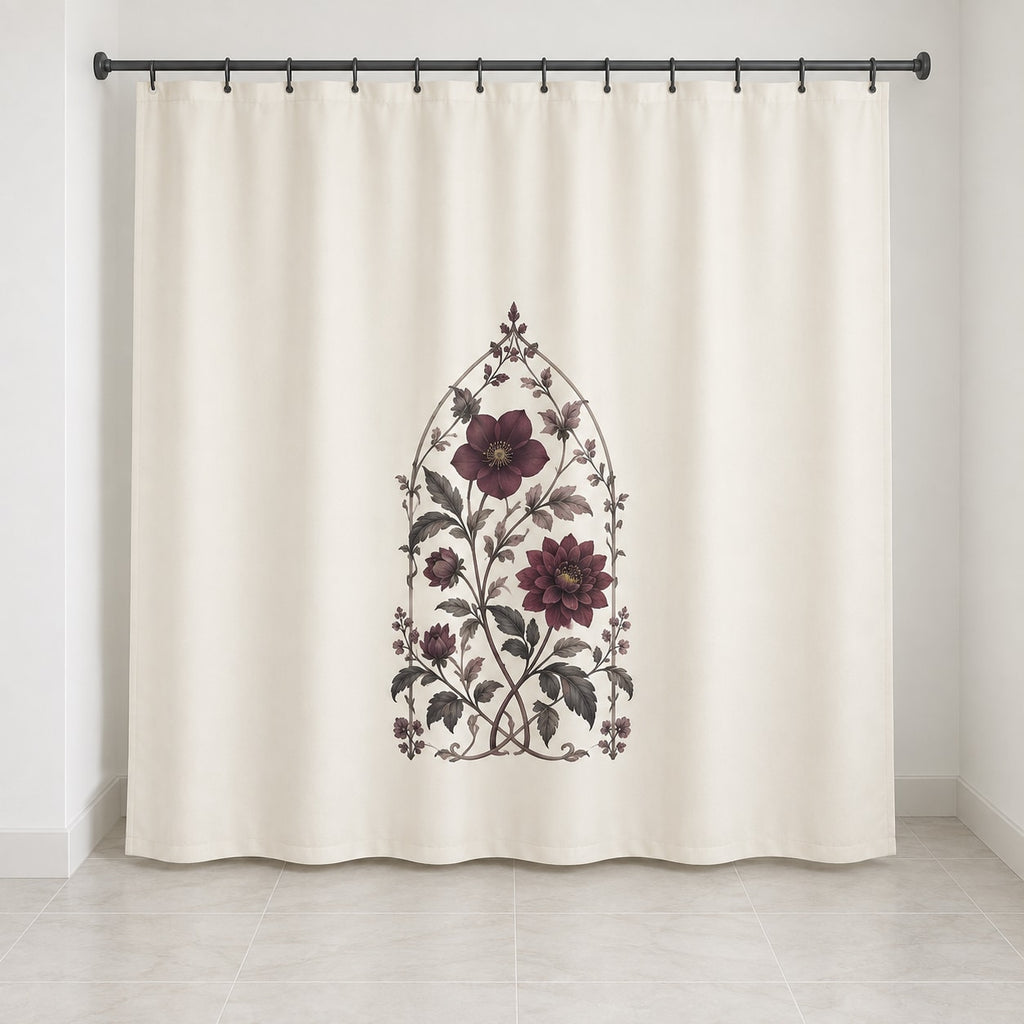 Gothic Botanical Wedding Shower Curtain with dimensional printed themed artwork; representative AI-generated mockup.