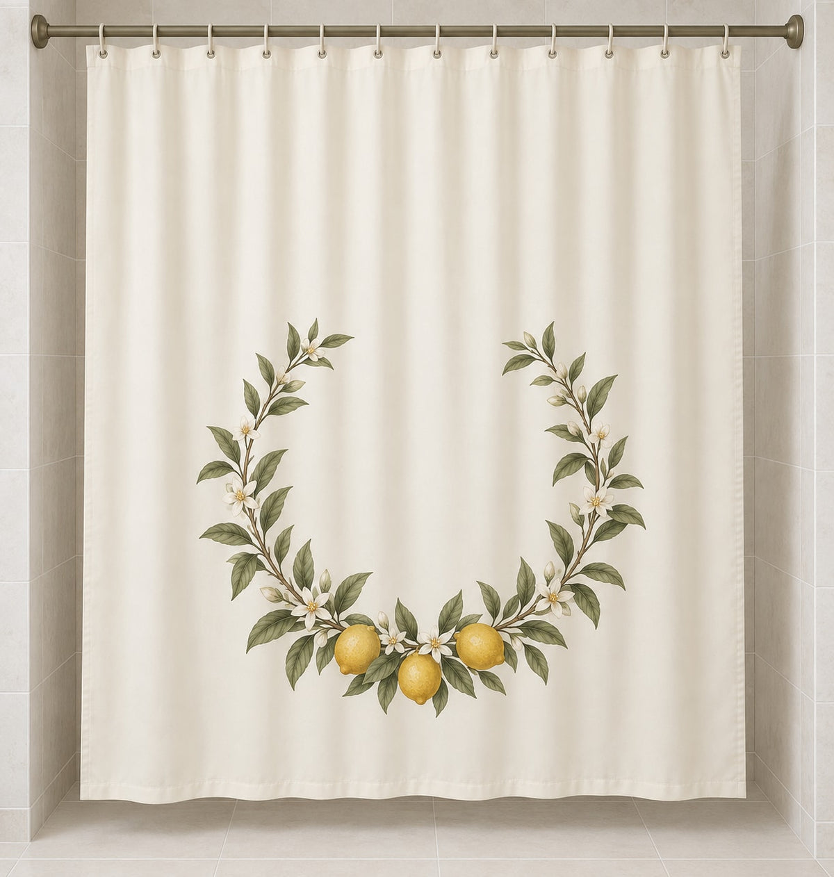 Citrus Garden Wedding Wreath Shower Curtain with dimensional printed themed artwork; representative AI-generated mockup.