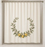 Citrus Garden Wedding Wreath Shower Curtain with dimensional printed themed artwork; representative AI-generated mockup.