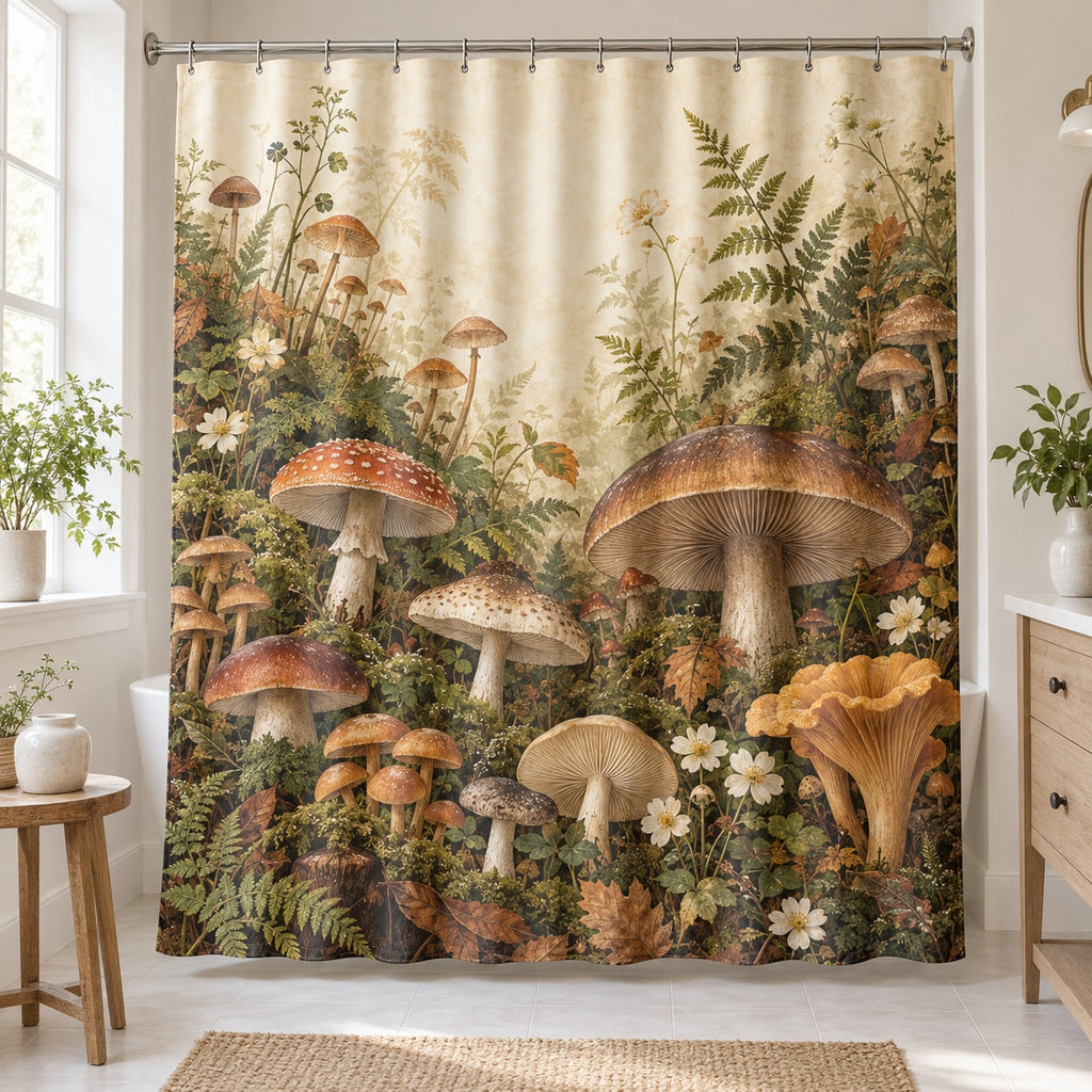 Mushroom Field Journal Shower Curtain with dimensional printed themed artwork; representative AI-generated mockup.