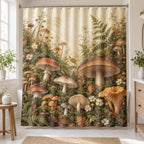 Mushroom Field Journal Shower Curtain with dimensional printed themed artwork; representative AI-generated mockup.