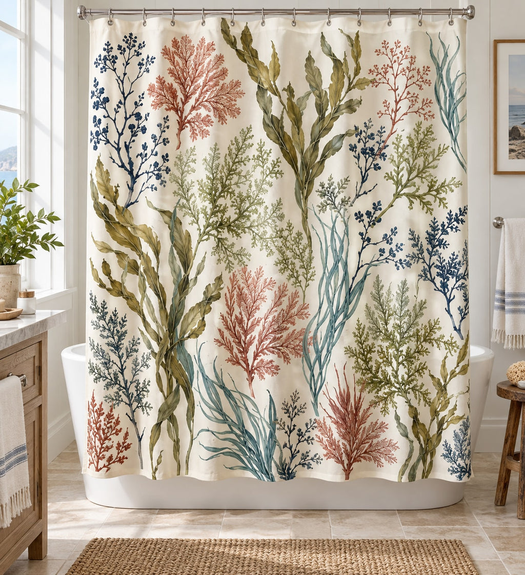 Seaweed Herbarium Shower Curtain with dimensional printed themed artwork; representative AI-generated mockup.