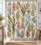 Seaweed Herbarium Shower Curtain with dimensional printed themed artwork; representative AI-generated mockup.