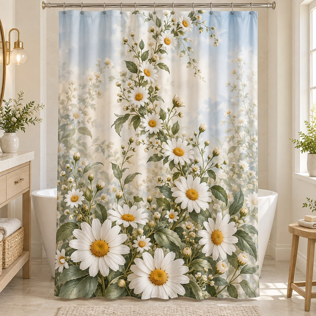 Daisy Chain Shower Curtain with dimensional printed themed artwork; representative AI-generated mockup.