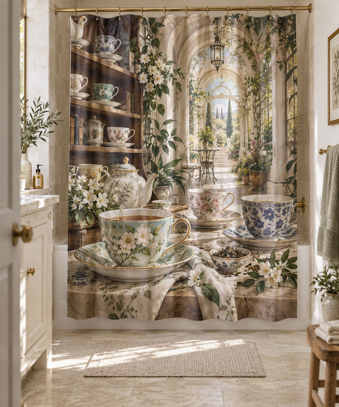 Tea Cup Collection Shower Curtain with dimensional printed themed artwork; representative AI-generated mockup.