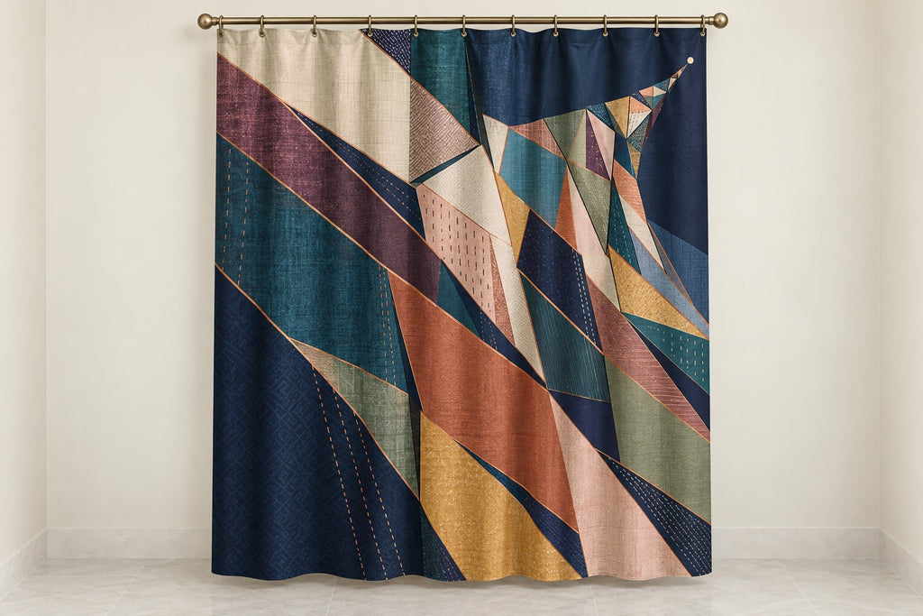 Selvedge Prismfall Shower Curtain with dimensional printed themed artwork; representative AI-generated mockup.