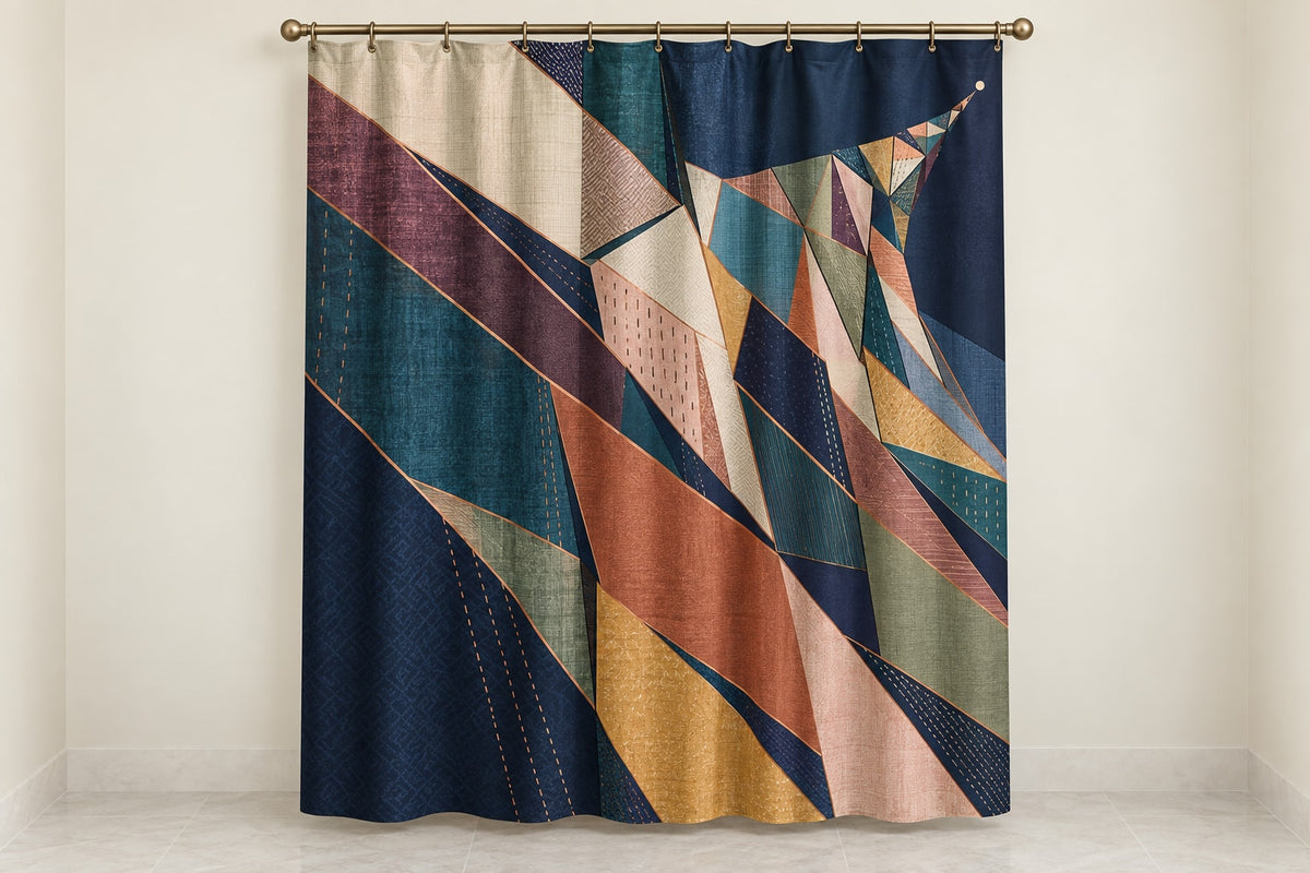 Selvedge Prismfall Shower Curtain with dimensional printed themed artwork; representative AI-generated mockup.