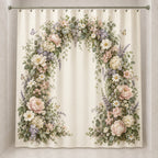 First Birthday Garden Arch Shower Curtain with dimensional printed themed artwork; representative AI-generated mockup.