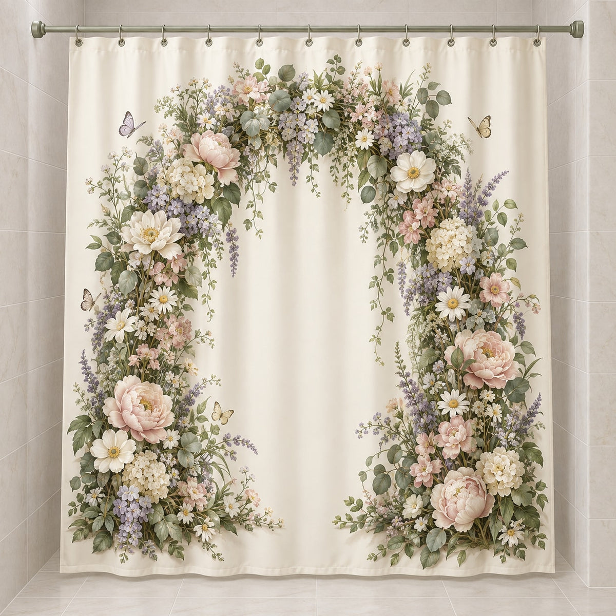 First Birthday Garden Arch Shower Curtain with dimensional printed themed artwork; representative AI-generated mockup.