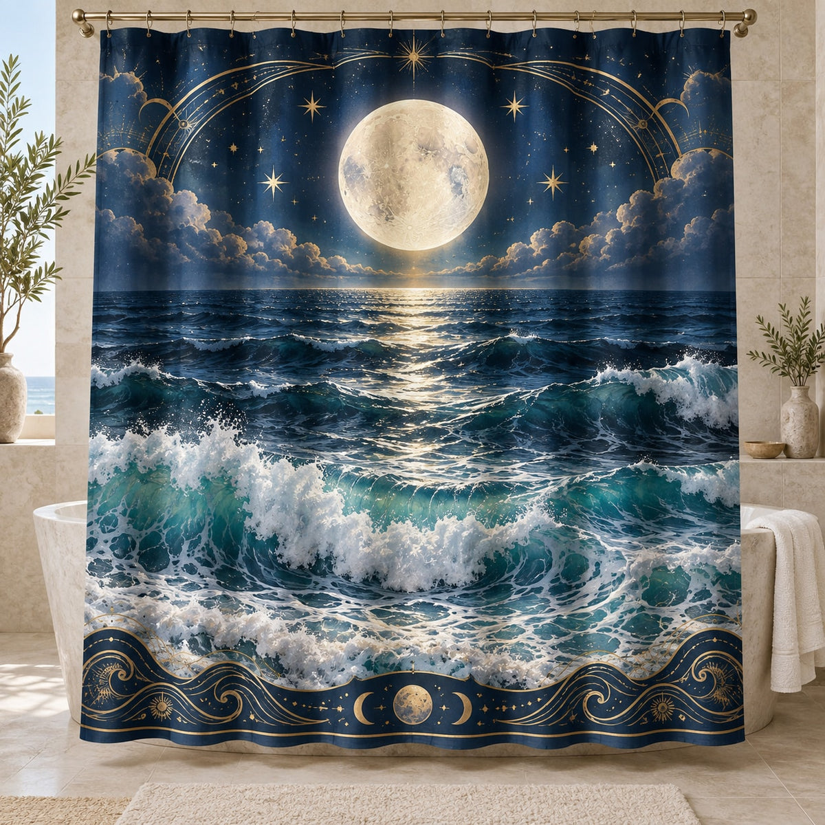 Celestial Ocean Tide Shower Curtain with dimensional printed themed artwork; representative AI-generated mockup.