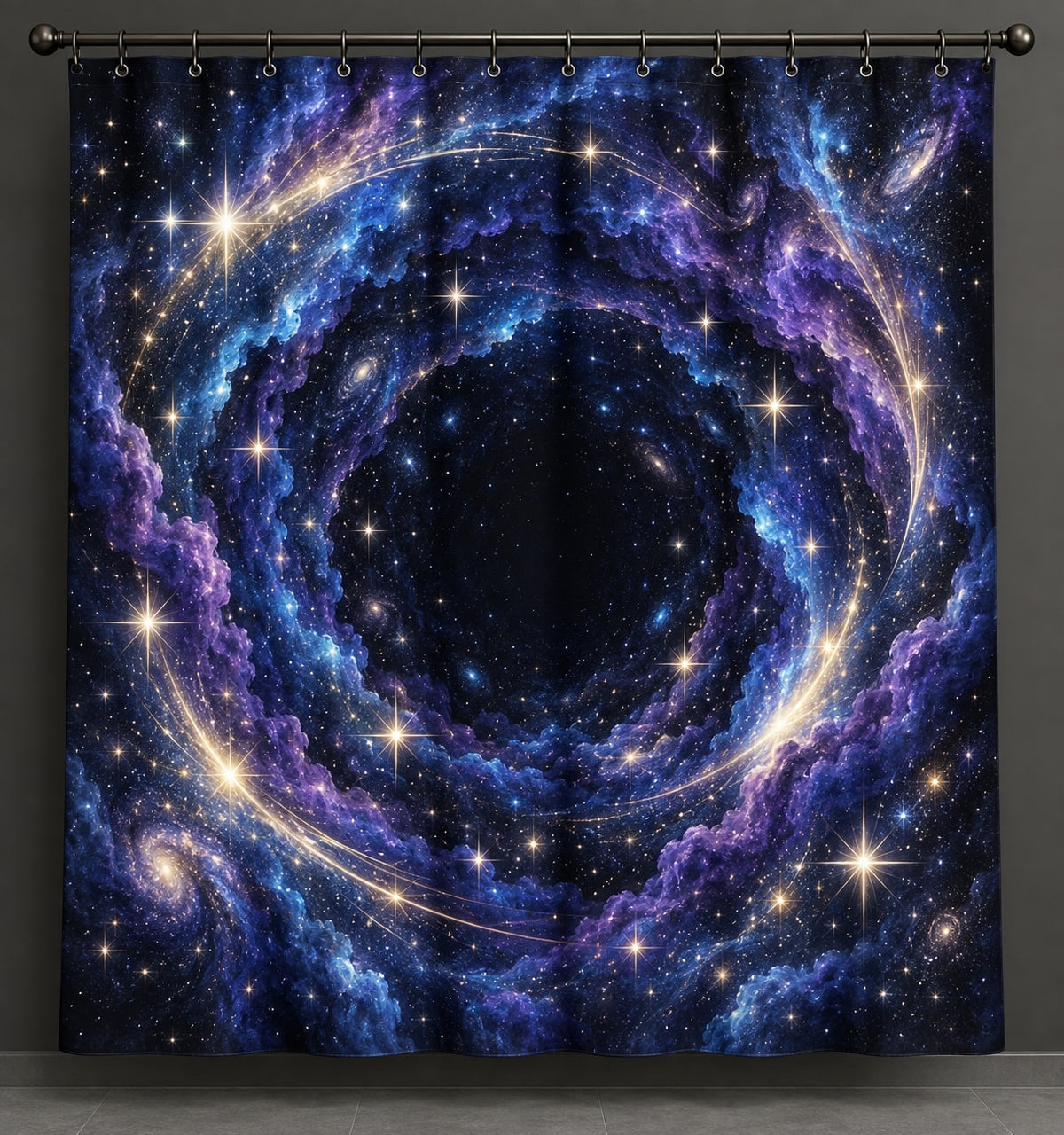 Milestone Birthday Star Portal Shower Curtain with dimensional printed themed artwork; representative AI-generated mockup.
