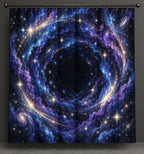 Milestone Birthday Star Portal Shower Curtain with dimensional printed themed artwork; representative AI-generated mockup.