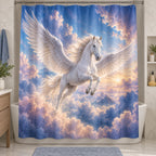 Pegasus Cloudscape Shower Curtain with dimensional printed themed artwork; representative AI-generated mockup.