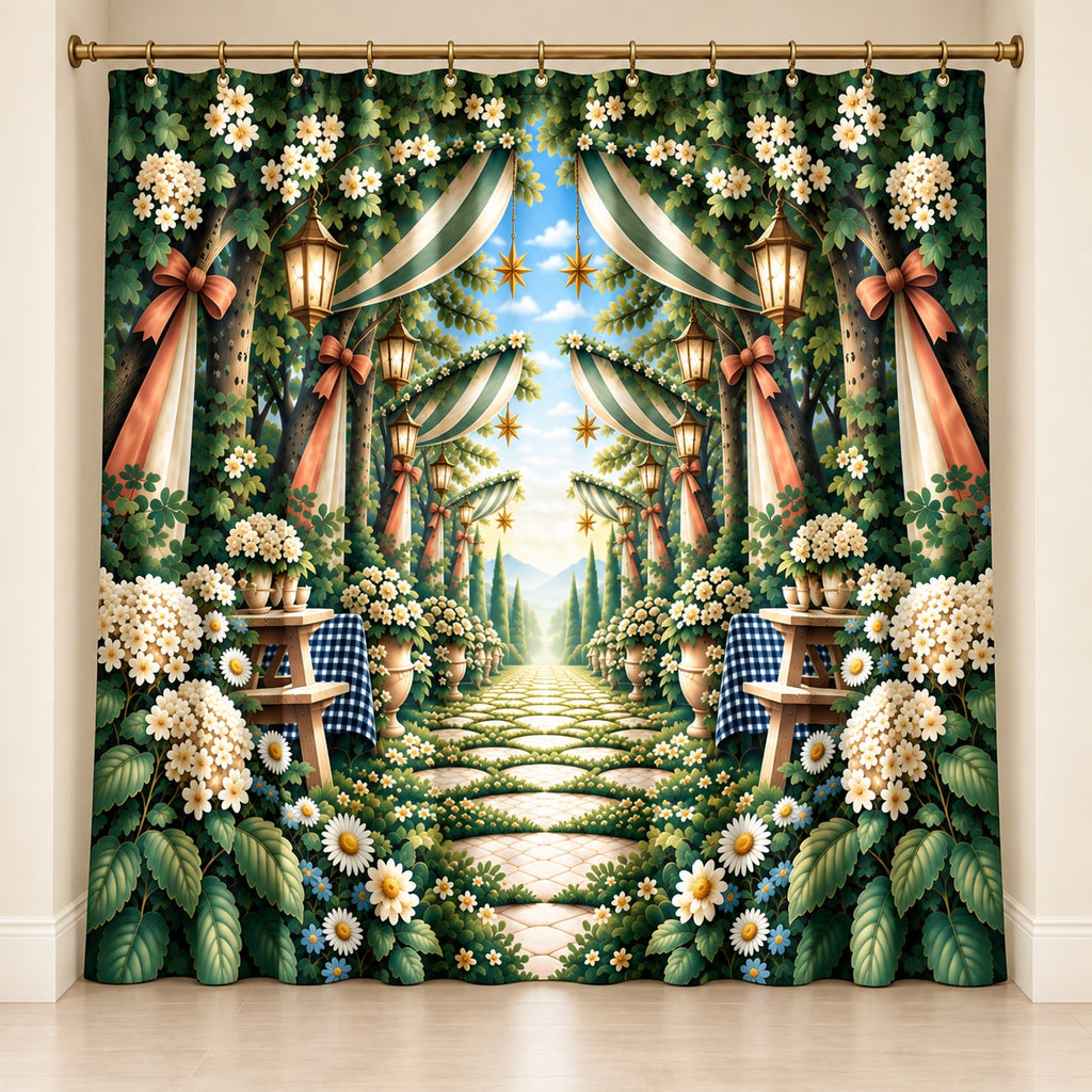 Reunion Picnic Grove Shower Curtain with dimensional printed themed artwork; representative AI-generated mockup.