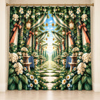 Reunion Picnic Grove Shower Curtain with dimensional printed themed artwork; representative AI-generated mockup.