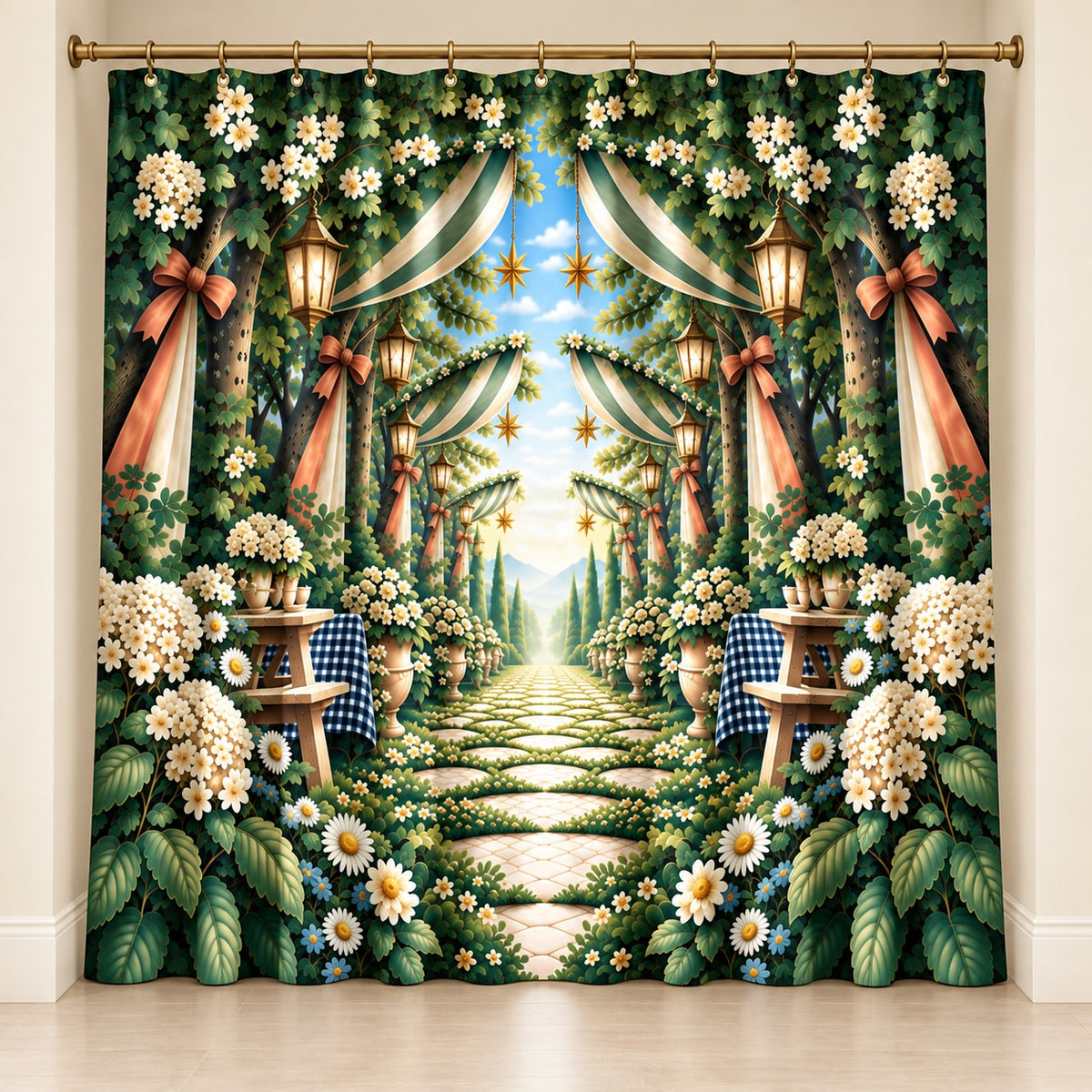 Reunion Picnic Grove Shower Curtain with dimensional printed themed artwork; representative AI-generated mockup.