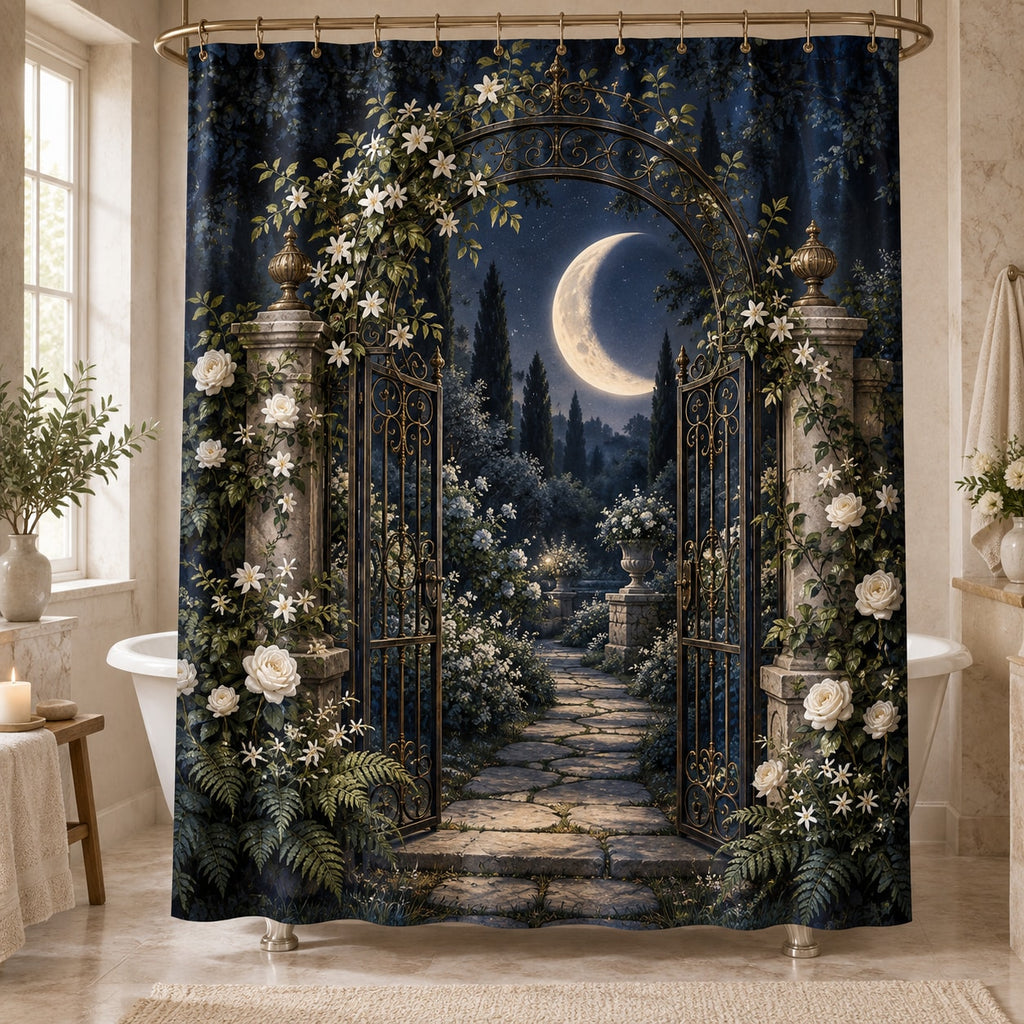 Moon Garden Gate Shower Curtain with dimensional printed themed artwork; representative AI-generated mockup.