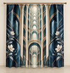 Structural Horizon Atrium Shower Curtain with dimensional printed themed artwork; representative AI-generated mockup.