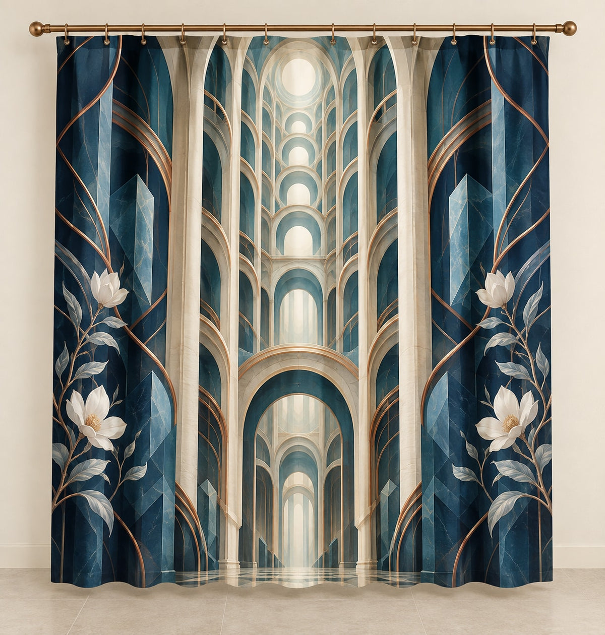Structural Horizon Atrium Shower Curtain with dimensional printed themed artwork; representative AI-generated mockup.