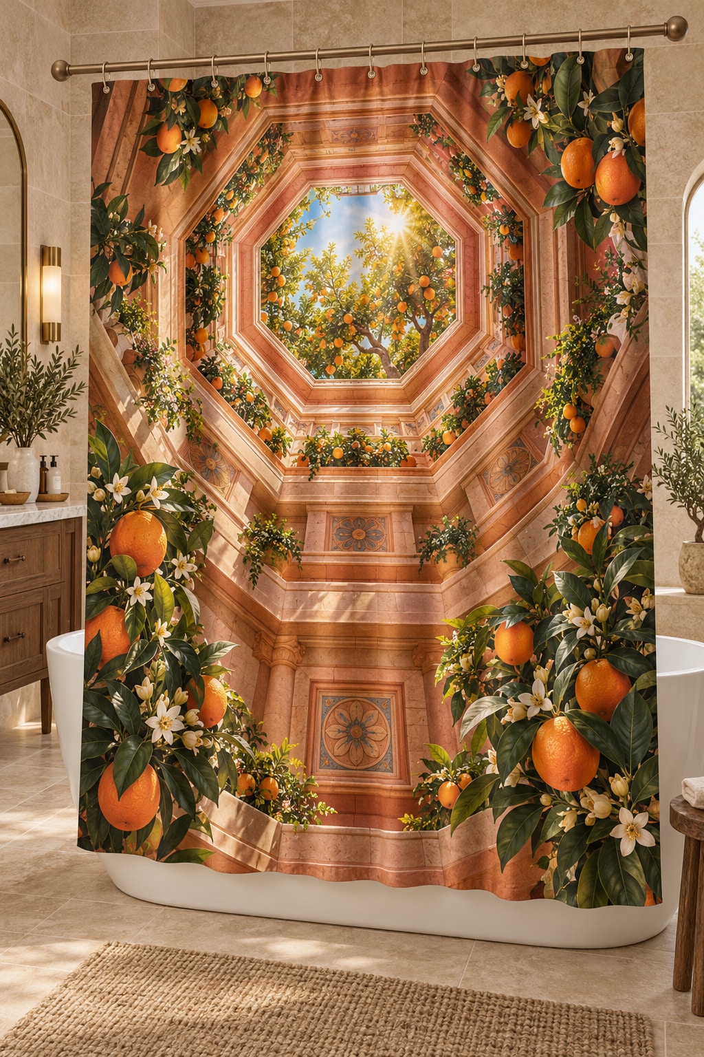 Orange Grove Kitchen Shower Curtain with dimensional printed themed artwork; representative AI-generated mockup.