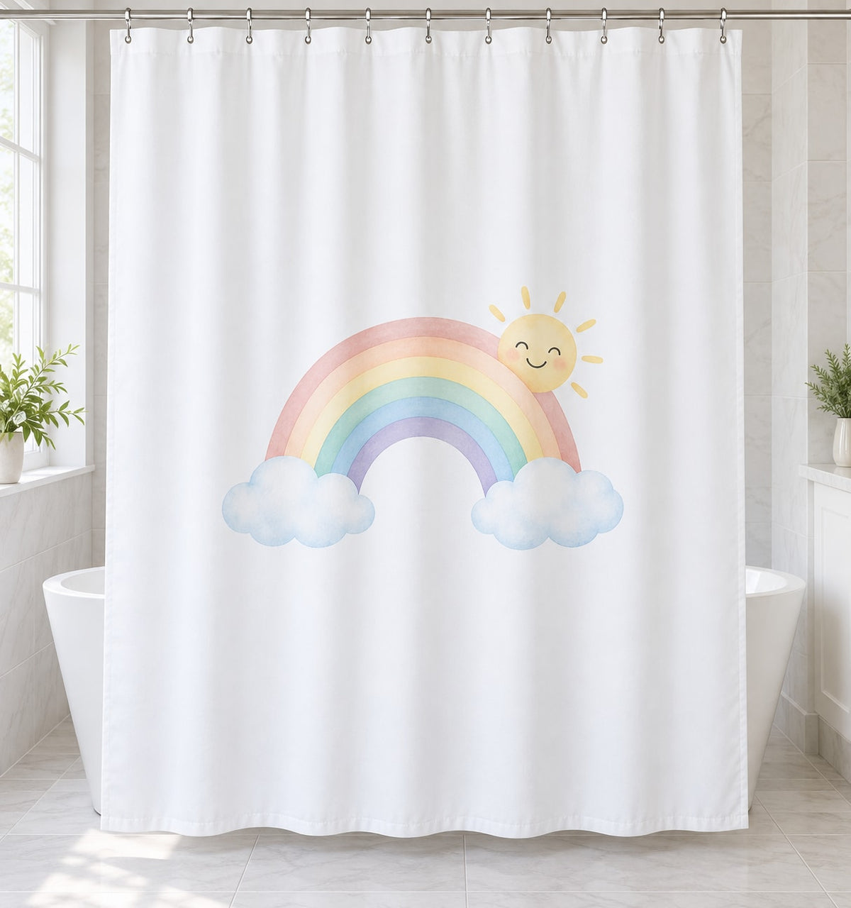 Rainbow Weather Shower Curtain with dimensional printed themed artwork; representative AI-generated mockup.