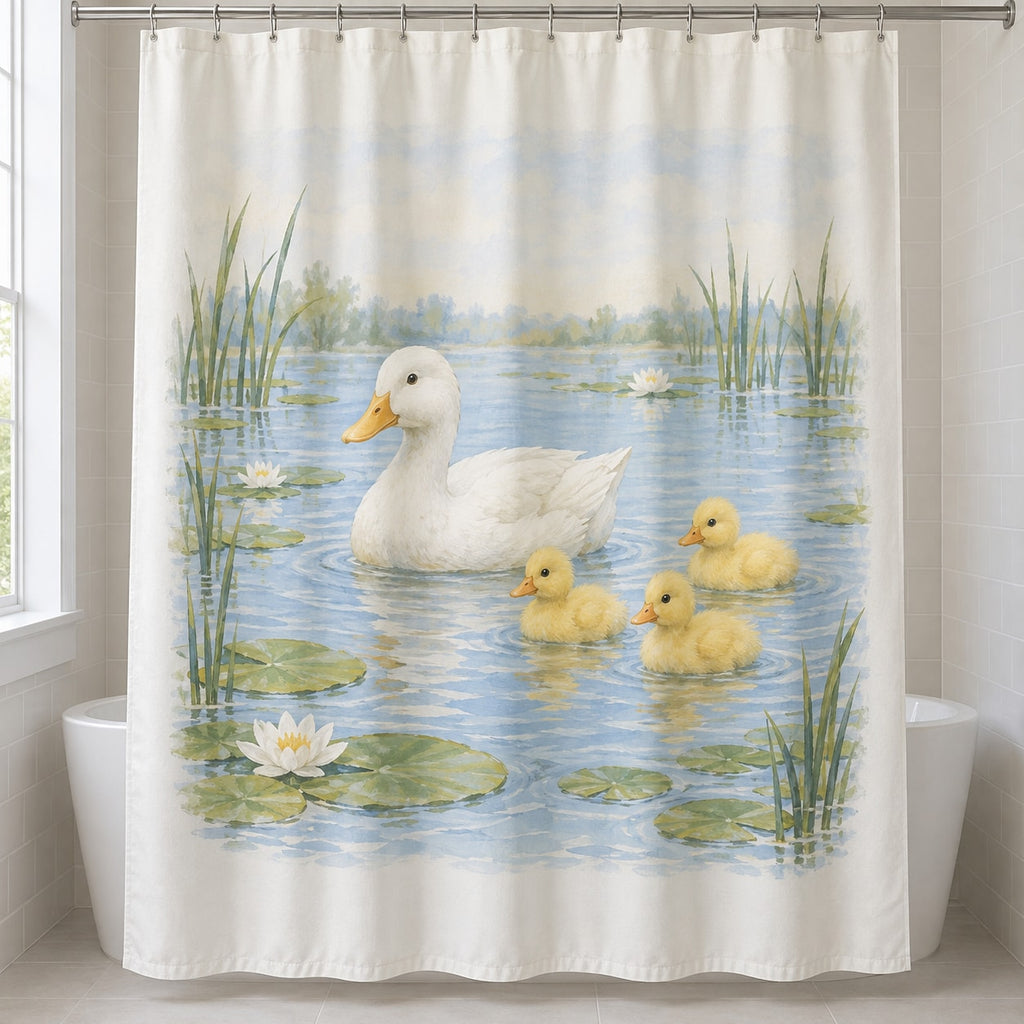 Duck Pond Friends Shower Curtain with dimensional printed themed artwork; representative AI-generated mockup.