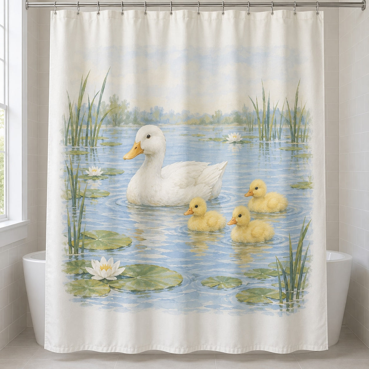 Duck Pond Friends Shower Curtain with dimensional printed themed artwork; representative AI-generated mockup.
