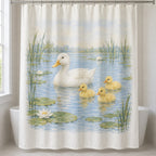 Duck Pond Friends Shower Curtain with dimensional printed themed artwork; representative AI-generated mockup.