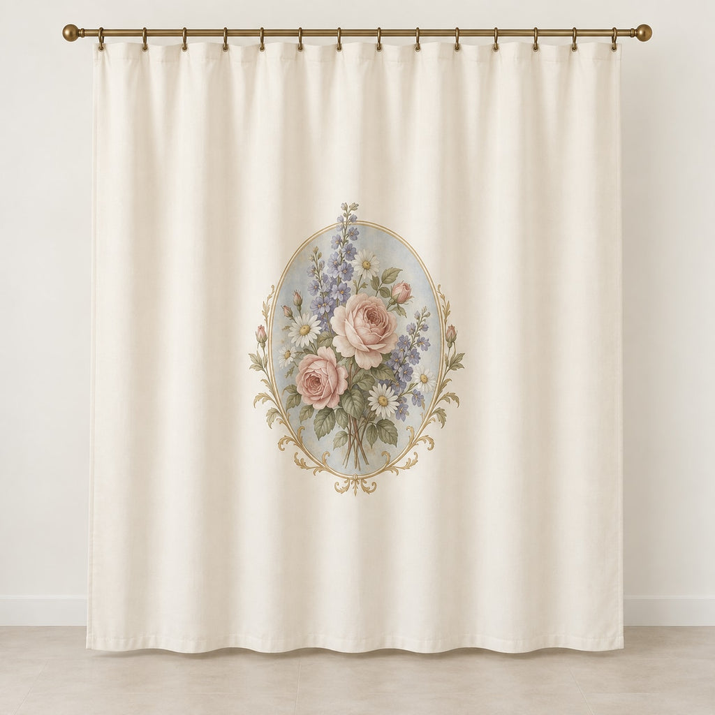 Vintage Garden Cameo Shower Curtain with dimensional printed themed artwork; representative AI-generated mockup.