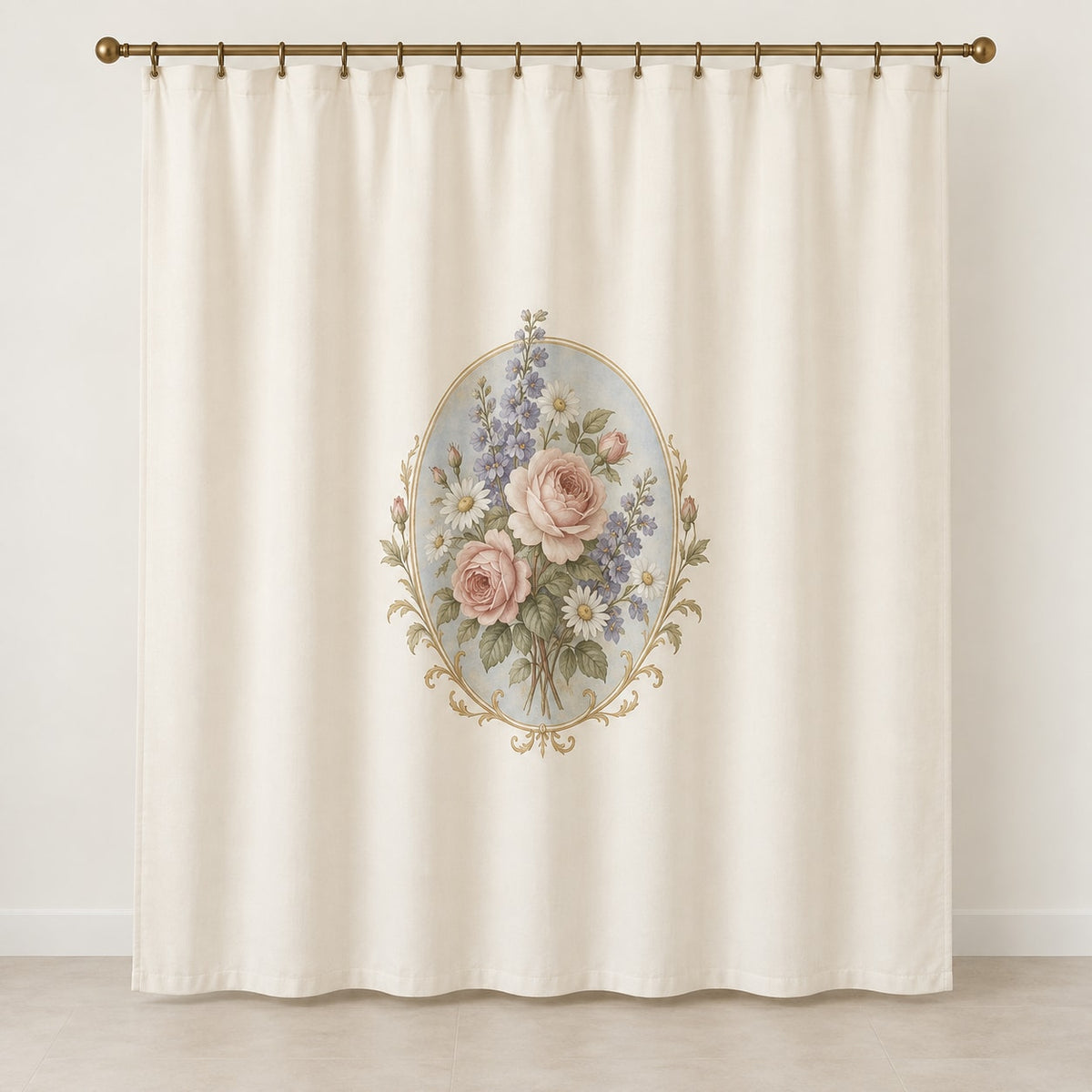 Vintage Garden Cameo Shower Curtain with dimensional printed themed artwork; representative AI-generated mockup.