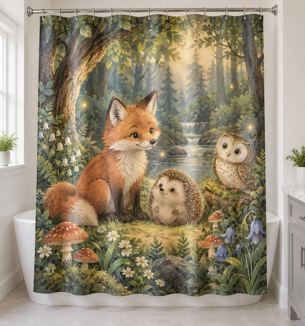 Original Storybook Animals Shower Curtain with dimensional printed themed artwork; representative AI-generated mockup.