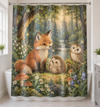 Original Storybook Animals Shower Curtain with dimensional printed themed artwork; representative AI-generated mockup.