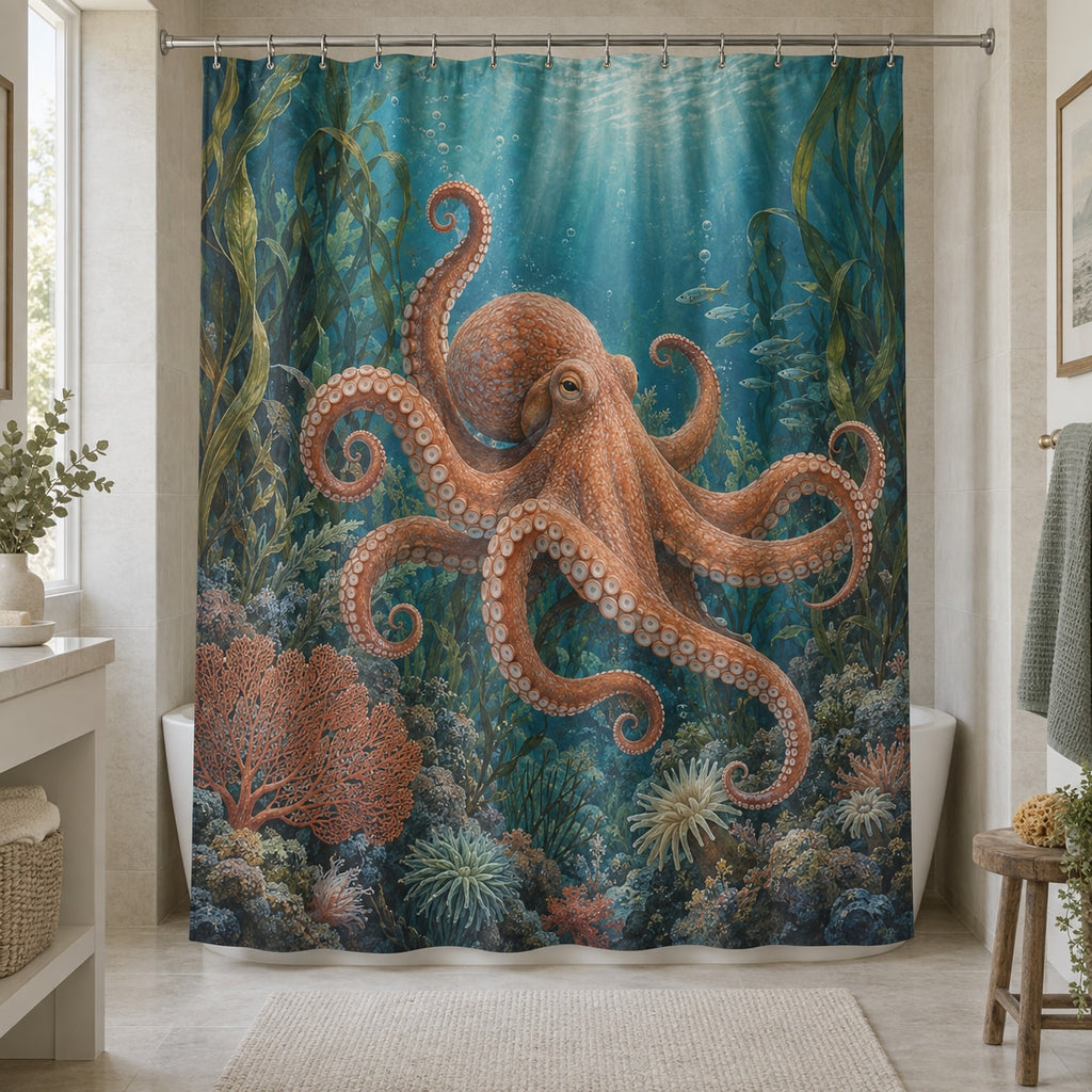 Octopus Garden Shower Curtain with dimensional printed themed artwork; representative AI-generated mockup.