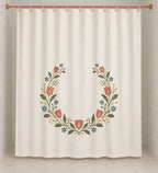 Folk Floral Wedding Wreath Shower Curtain with dimensional printed themed artwork; representative AI-generated mockup.