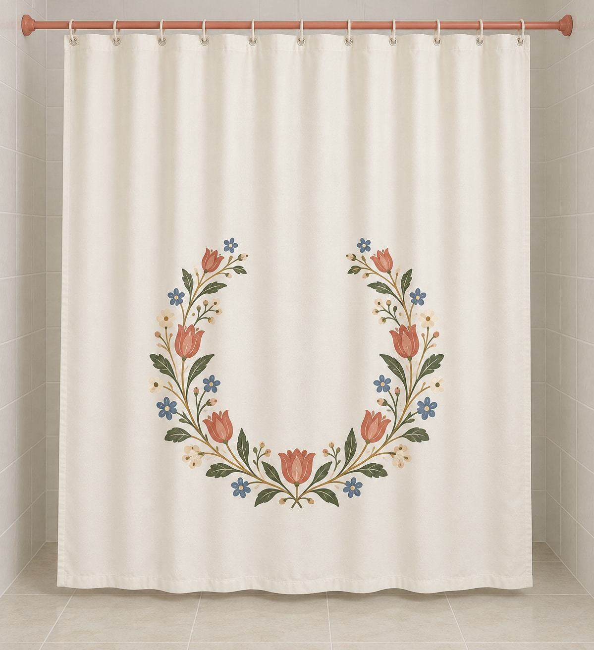 Folk Floral Wedding Wreath Shower Curtain with dimensional printed themed artwork; representative AI-generated mockup.