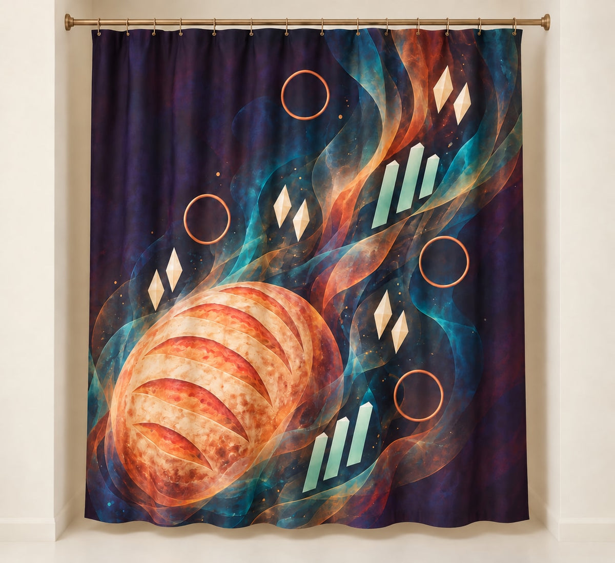 Crumb Lantern Fermentation Shower Curtain with dimensional printed themed artwork; representative AI-generated mockup.