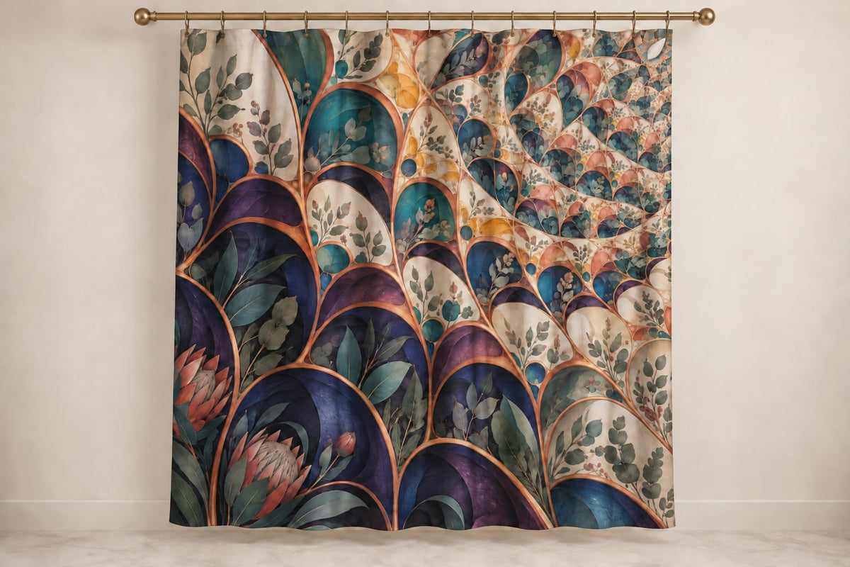 Loopflower Lattice Atrium Shower Curtain with dimensional printed themed artwork; representative AI-generated mockup.
