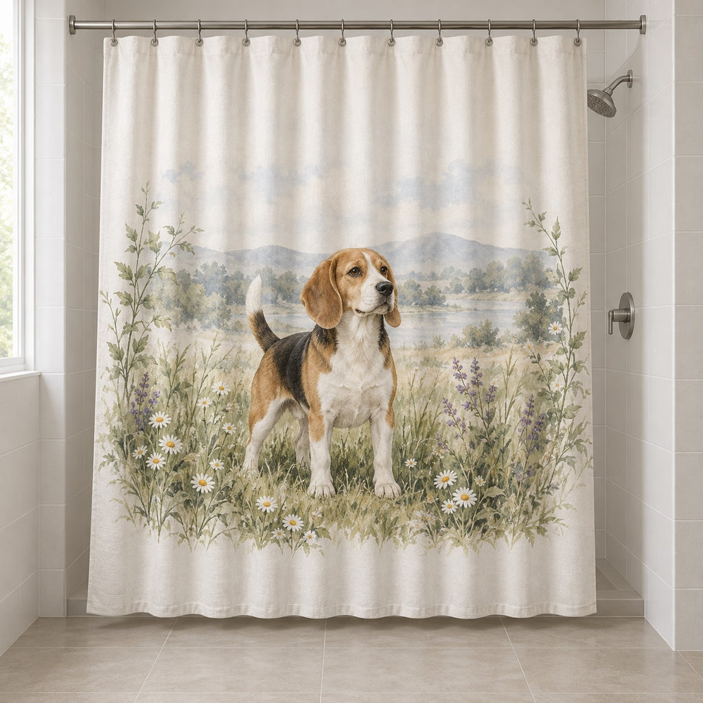 Beagle Shower Curtain with dimensional printed themed artwork; representative AI-generated mockup.
