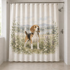 Beagle Shower Curtain with dimensional printed themed artwork; representative AI-generated mockup.