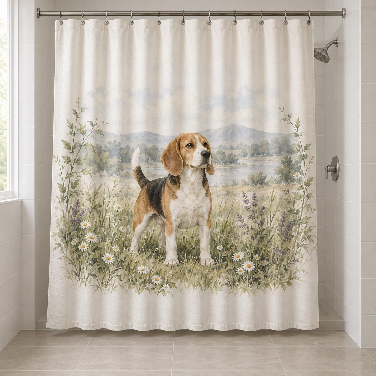 Beagle Shower Curtain with dimensional printed themed artwork; representative AI-generated mockup.