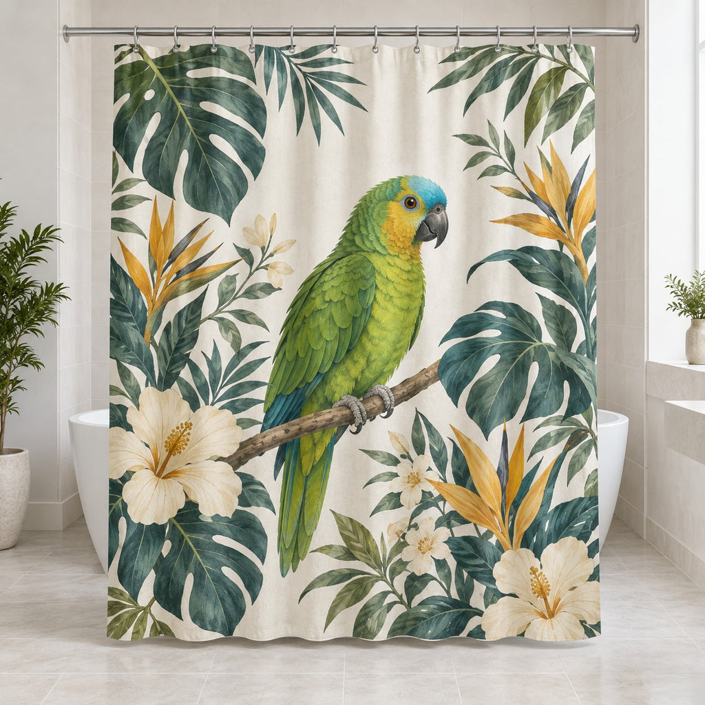 Parrot Companion Shower Curtain with dimensional printed themed artwork; representative AI-generated mockup.