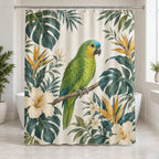 Parrot Companion Shower Curtain with dimensional printed themed artwork; representative AI-generated mockup.