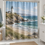 Lighthouse Coast Shower Curtain with dimensional printed themed artwork; representative AI-generated mockup.