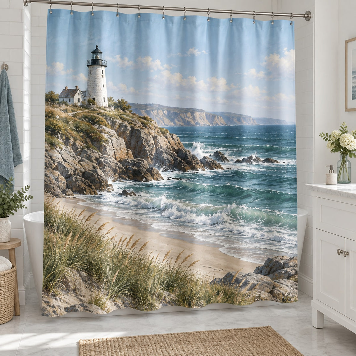 Lighthouse Coast Shower Curtain with dimensional printed themed artwork; representative AI-generated mockup.