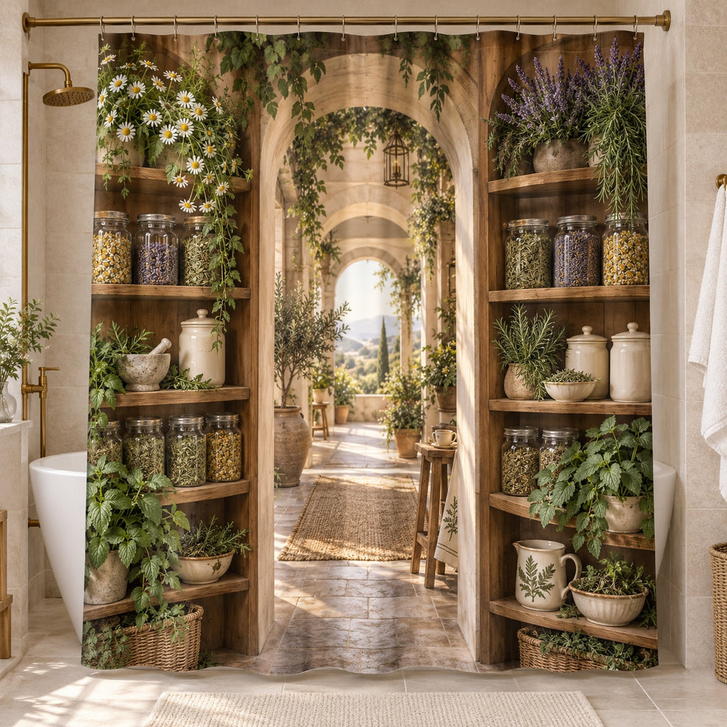 Herbal Tea Shelf Shower Curtain with dimensional printed themed artwork; representative AI-generated mockup.