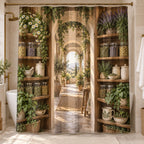 Herbal Tea Shelf Shower Curtain with dimensional printed themed artwork; representative AI-generated mockup.