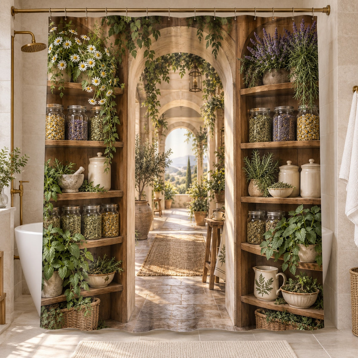 Herbal Tea Shelf Shower Curtain with dimensional printed themed artwork; representative AI-generated mockup.