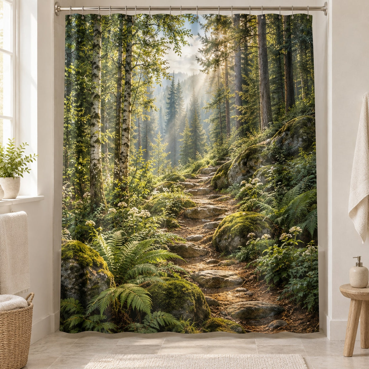Forest Path Shower Curtain with dimensional printed themed artwork; representative AI-generated mockup.