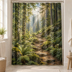 Forest Path Shower Curtain with dimensional printed themed artwork; representative AI-generated mockup.