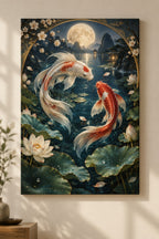 Celestial Koi Stretched Canvas Wall Art with dimensional printed themed artwork; representative AI-generated mockup.